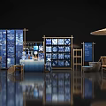 Oriental Art Installation Featuring Blue White Patterns Wooden Frames Screens And Display Shelves
