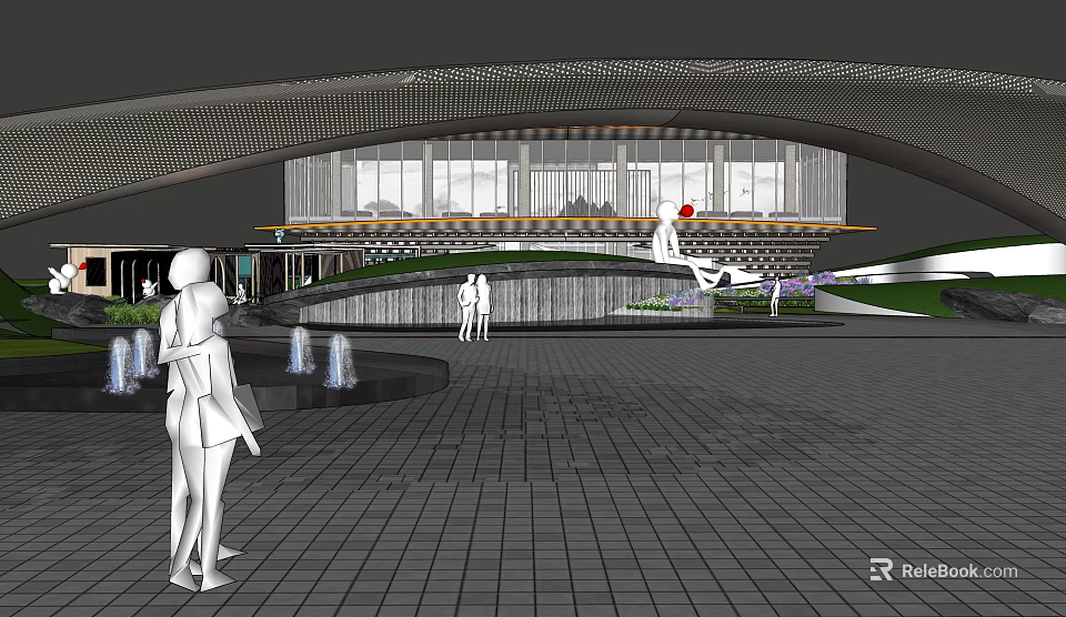 Modern Garden Landscape With Plaza Fountains Greenery And Pedestrian Walkway 3d model 