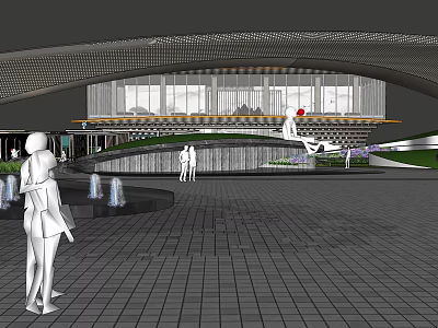 Modern Garden Landscape With Plaza Fountains Greenery And Pedestrian Walkway 3d model