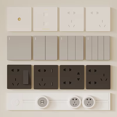 Modern Home Switch Panels in White Gray Black with Socket and Toggle Designs 3d model