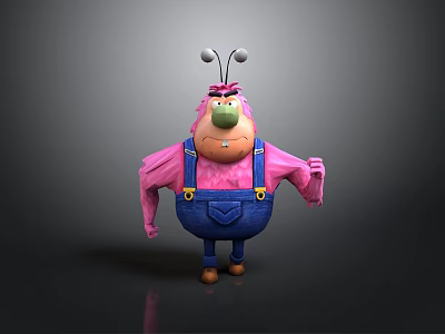 3D Pink Cartoon Game Movie Character With Blue Overalls Green Nose And Antennas 3d model