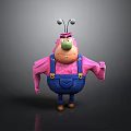 3D Pink Cartoon Game Movie Character With Blue Overalls Green Nose And Antennas