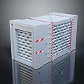 Decorative Ornament Set With Gray Metal Grid Design And Red White Straps On Reflective Surface