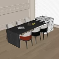 Black Wooden Dining Table With Six Mixed Color Chairs In White Wall Room