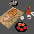Fresh Roasted Meat Roll on Wooden Cutting Board with Rosemary Garlic and Fresh Tomatoes