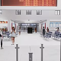 Spacious Service Hall Interior With Blue Chairs Large Windows And Information Display Screen