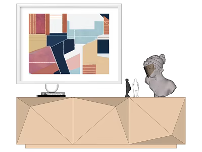 Modern Geometric Abstract Painting And Sculptures On Decorative Cabinet With Small Figures 3d model