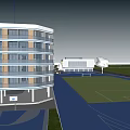 Modern School Building With White Exterior Large Windows Greenery And Open Plaza