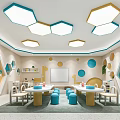 Vibrant Kindergarten Classroom With Hexagonal Ceiling Lights Colorful Decor Tables And Chairs