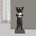 Black Cat Sculpture Holding Glowing Round Object on Base with Window Curtains Background
