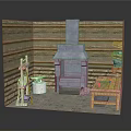 Traditional Handcraft Workshop With Wooden Walls Stone Fireplace Anvil Wooden Bucket And Tools On Workbench