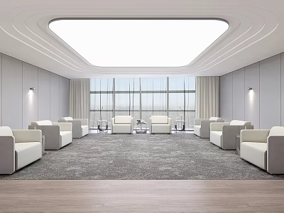 Hotel Public Lounge Featuring Modern Design White Sofas Large Windows And Gray Carpet 3d model