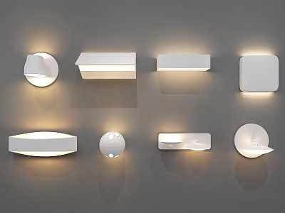 Modern White Wall Lamps With Different Designs Illuminated On Gray Wall 3d model