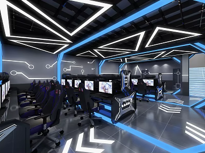 Modern Cyber Cafe Interior With Gaming Computers RGB Lighting And Comfortable Chairs 3d model