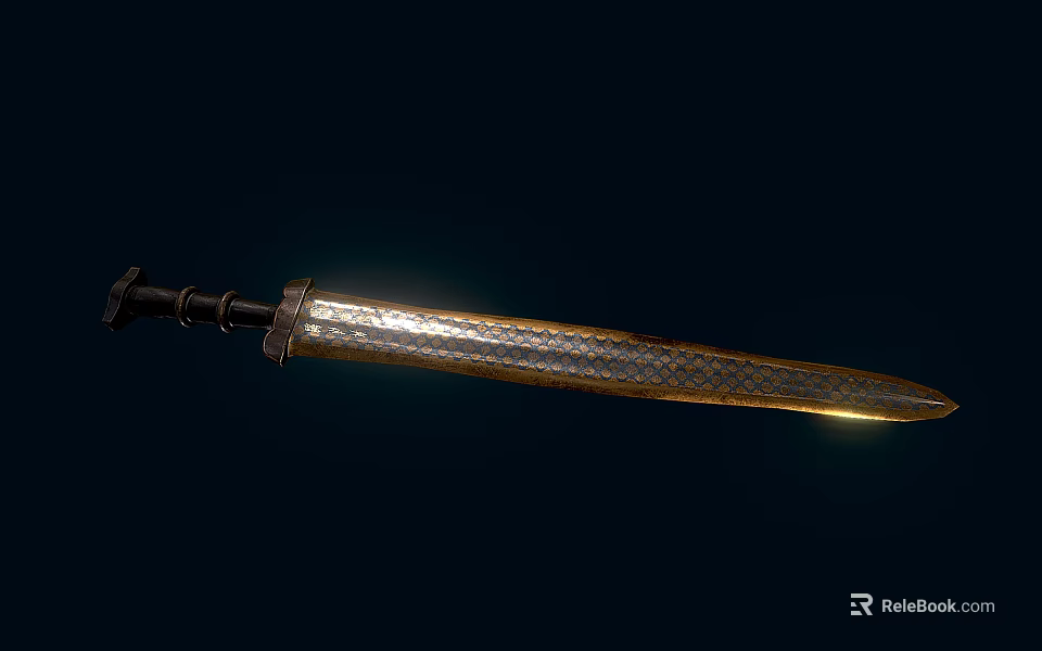 Medieval Sword With Patterned Steel Blade And Decorative Hilt Shiny Finish Dark Background 3d model 