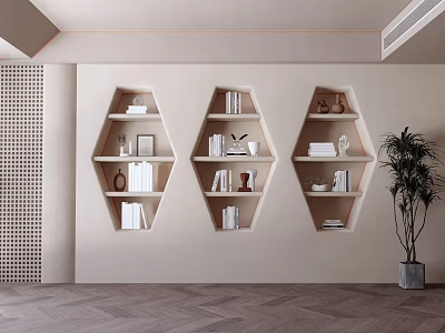 Modern Home Interior With Stylish Hexagonal Wall Cabinets Books Decorations And Potted Plant 3d model