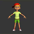 Cartoon Boy With Red Cap Blonde Hair Green Outfit Red Shoes Gray Background Reflection