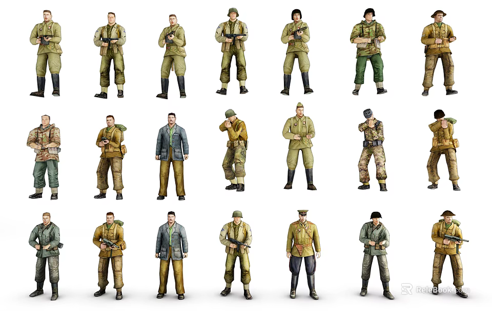 Game and Movie Character Action Figures With Various Military Uniforms and Poses 3d model 