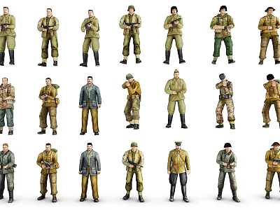 Game and Movie Character Action Figures With Various Military Uniforms and Poses 3d model