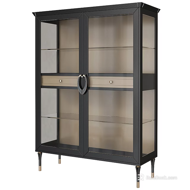 Modern Display Cabinet With Glass Doors Black Frame Single Drawer And Metal Legs 3d model 