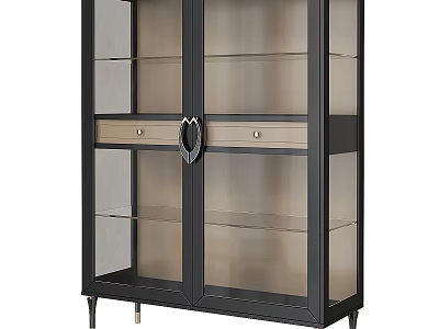 Modern Display Cabinet With Glass Doors Black Frame Single Drawer And Metal Legs 3d model