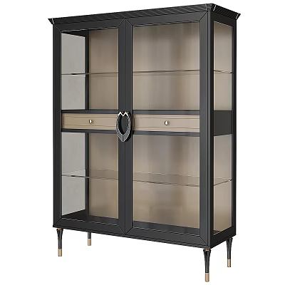 Modern Display Cabinet With Glass Doors Black Frame Single Drawer And Metal Legs 3d model