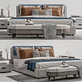 Modern Double Bed With Upholstered Headboard Decorative Pillows Side Nightstands Bench And Area Rug