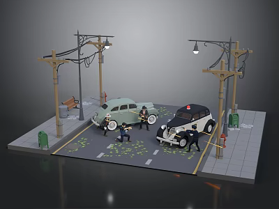 Modern Urban Street Scene With Police Car Vehicles Street Lamps And Pedestrians 3d model