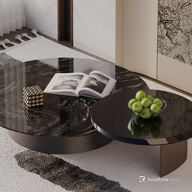 Black Marble Round Coffee Tables With Open Magazine Metallic Decor And Bowl Of Green Apples 3d model 