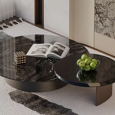 Black Marble Round Coffee Tables With Open Magazine Metallic Decor And Bowl Of Green Apples 3d model