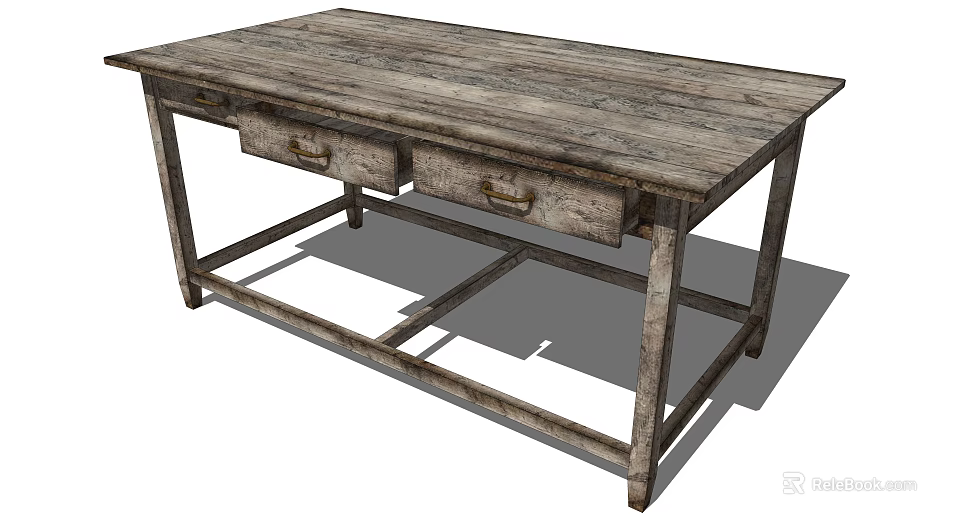 Vintage Rustic Wooden Desk With Two Drawers And Solid Wood Structure 3d model 