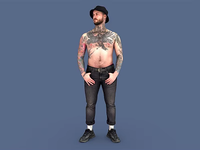 Shirtless Tattooed Man Wearing Black Pants Black Hat and Black Shoes Against Blue Background 3d model
