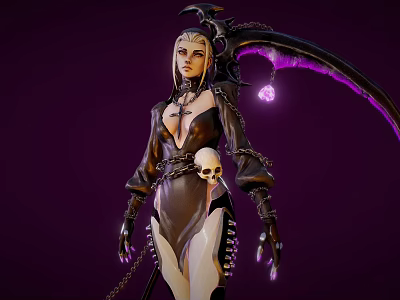 Woman in Black White Outfit with Purple Wings Skull Chains Purple Gem and Sharp Nails 3d model