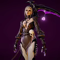 Woman in Black White Outfit with Purple Wings Skull Chains Purple Gem and Sharp Nails