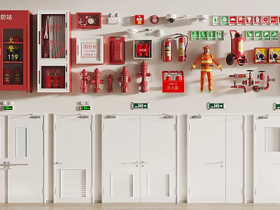 Essential Fire Safety Equipment Collection Featuring Extinguishers Hydrants Alarm Buttons Cabinets And Exit Signs 3d model