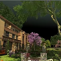 Serene Garden Landscape with Multi story Building Greenery Flowers and Lawn Furniture under Blue Sky