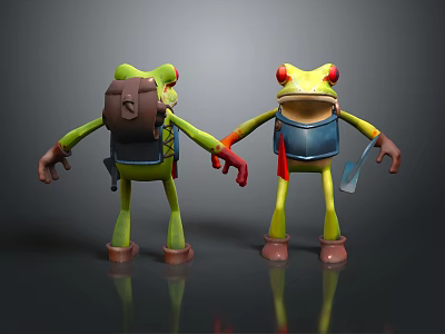 Anthropomorphic Green Frog Characters With Backpack Blue Vest Red Eyes And Brown Boots 3d model