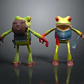Anthropomorphic Green Frog Characters With Backpack Blue Vest Red Eyes And Brown Boots