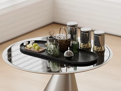 Stylish Wine Bottles And Glasses On Modern Table 3d model