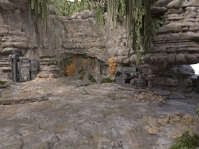 Ancient Rocky Cave Interior With Lush Hanging Plants And Old Machinery 3d model