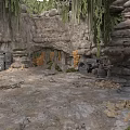 Ancient Rocky Cave Interior With Lush Hanging Plants And Old Machinery