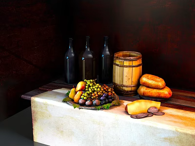 Rustic Table Display with Grapes Pears Fresh Bread Cheese Wooden Barrel and Bottles 3d model