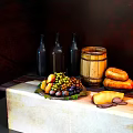 Rustic Table Display with Grapes Pears Fresh Bread Cheese Wooden Barrel and Bottles 3d model