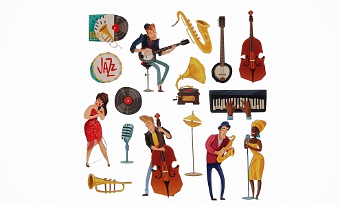 Modern 2D Cartoon Music Performance Singer Character Band Musical Instrument Music Silhouette 3d model