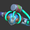 Futuristic Mechanical Cat Character With Red Eyes Blue Green Armor Holding Weapon