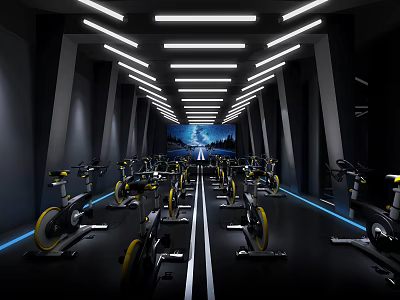 Spacious Indoor Cycling Fitness Studio With Aligned Spin Bikes And Modern Lighting 3d model
