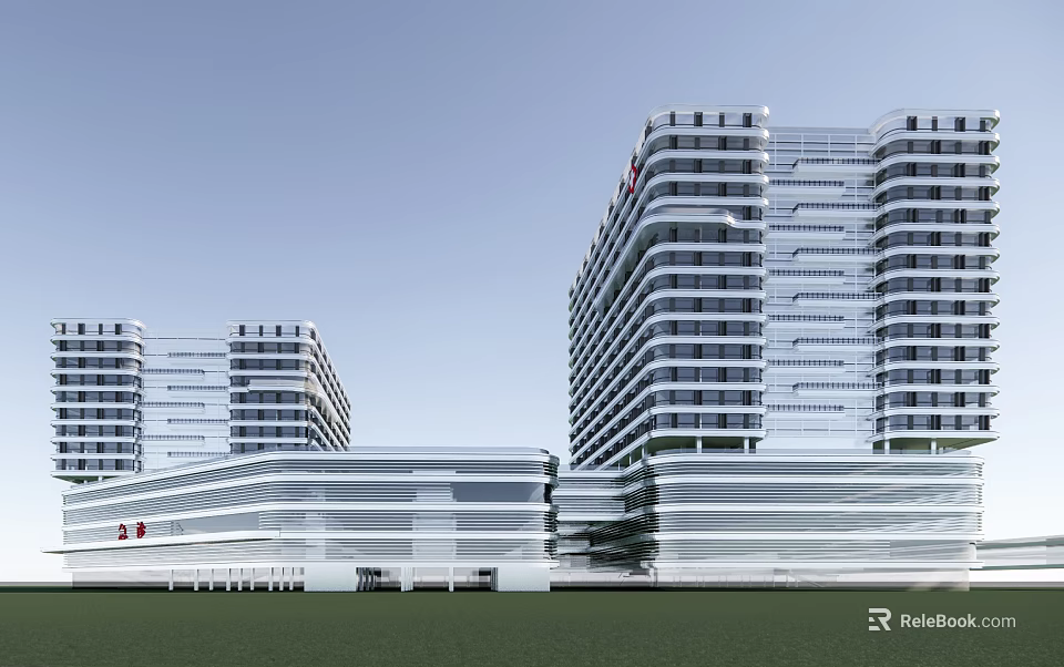 Modern High Rise Hospital Building With Glass Curtain Wall And Exterior Design 3d model 