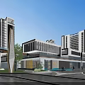 Modern High Rise Office Building Complex With Glass Curtain Walls And Urban Greenery
