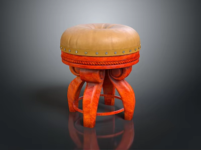 Decorative Stool With Beige Padded Seat Riveted Edge And Orange Carved Legs 3d model