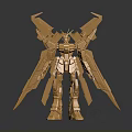 Golden Robot Character Model With Mechanical Wings On Pedestal Base And Intricate Design